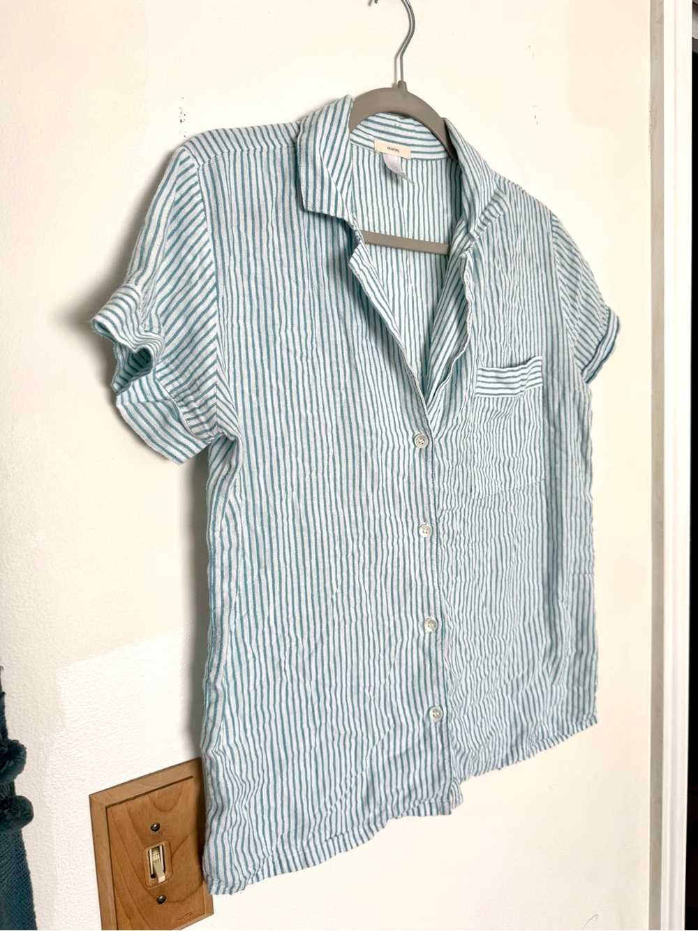 Eberjey Blue & White Striped Short Sleeve Button-Up